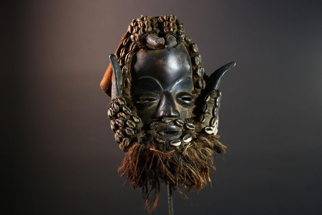 African Dan Cowrie Shell Mask Hand Carved Hardwood Ritual Art Decor from Ivory Coast with Buffalo Horn Accents for Home Display-G5650