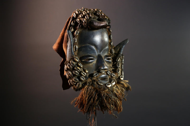 African Dan Cowrie Shell Mask Hand Carved Hardwood Ritual Art Decor from Ivory Coast with Buffalo Horn Accents for Home Display-G5650
