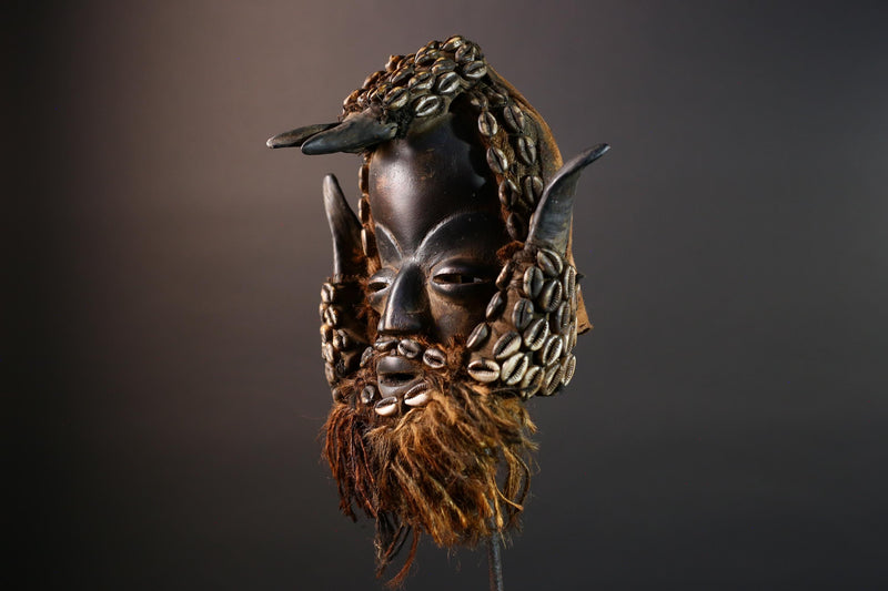 African Dan Cowrie Shell Mask Hand Carved Hardwood Ritual Art Decor from Ivory Coast with Buffalo Horn Accents for Home Display-G5650