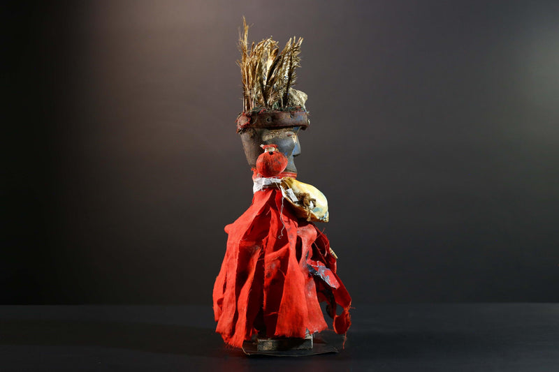 African Authentic Tribal Nkisi Fetish Doll Bakongo Power Figure Hand‑Carved Wood with Cowrie Shells & Raffia Sculpture Rare Antique -G5743