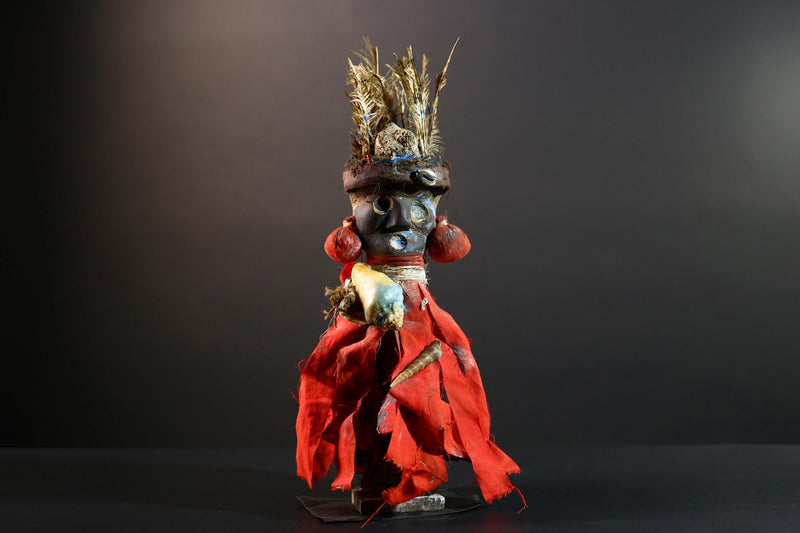 African Authentic Tribal Nkisi Fetish Doll Bakongo Power Figure Hand‑Carved Wood with Cowrie Shells & Raffia Sculpture Rare Antique -G5743