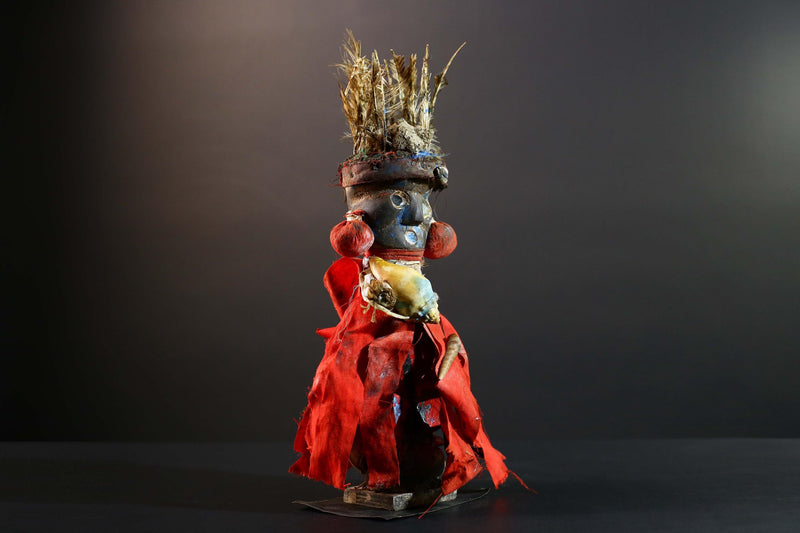 African Authentic Tribal Nkisi Fetish Doll Bakongo Power Figure Hand‑Carved Wood with Cowrie Shells & Raffia Sculpture Rare Antique -G5743