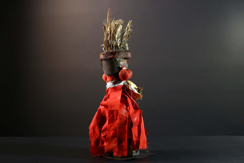 African Authentic Tribal Nkisi Fetish Doll Bakongo Power Figure Hand‑Carved Wood with Cowrie Shells & Raffia Sculpture Rare Antique -G5743