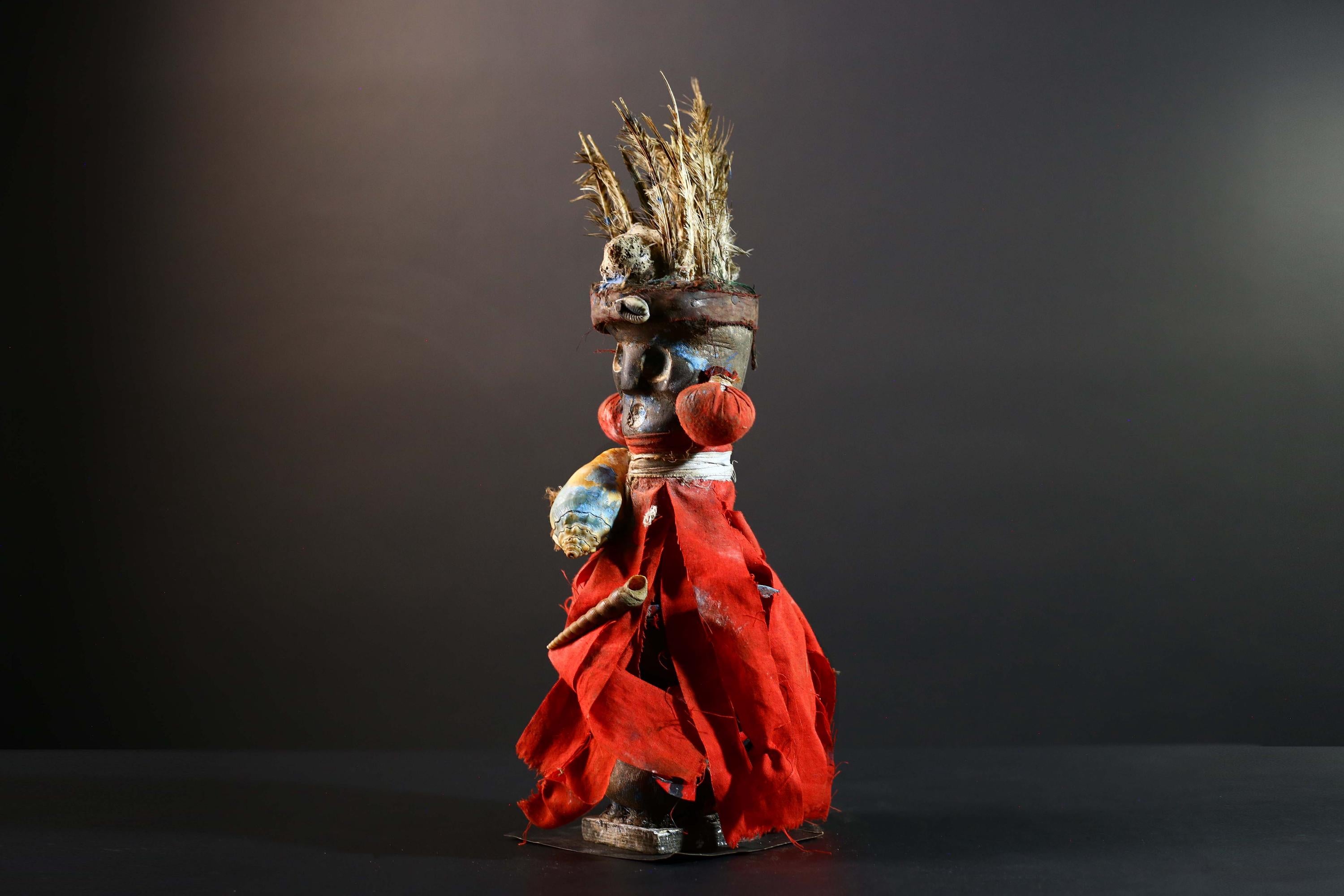 African Authentic Tribal Nkisi Fetish Doll Bakongo Power Figure Hand‑Carved Wood with Cowrie Shells & Raffia Sculpture Rare Antique -G5743