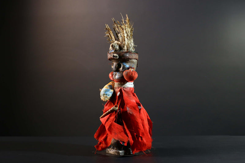 African Authentic Tribal Nkisi Fetish Doll Bakongo Power Figure Hand‑Carved Wood with Cowrie Shells & Raffia Sculpture Rare Antique -G5743