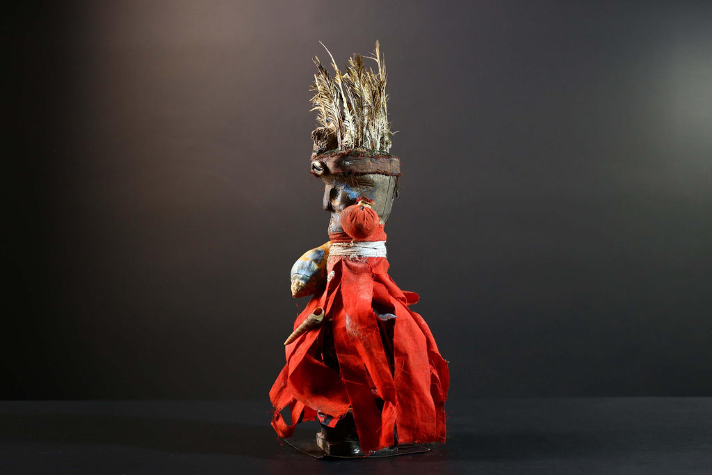 African Authentic Tribal Nkisi Fetish Doll Bakongo Power Figure Hand‑Carved Wood with Cowrie Shells & Raffia Sculpture Rare Antique -G5743