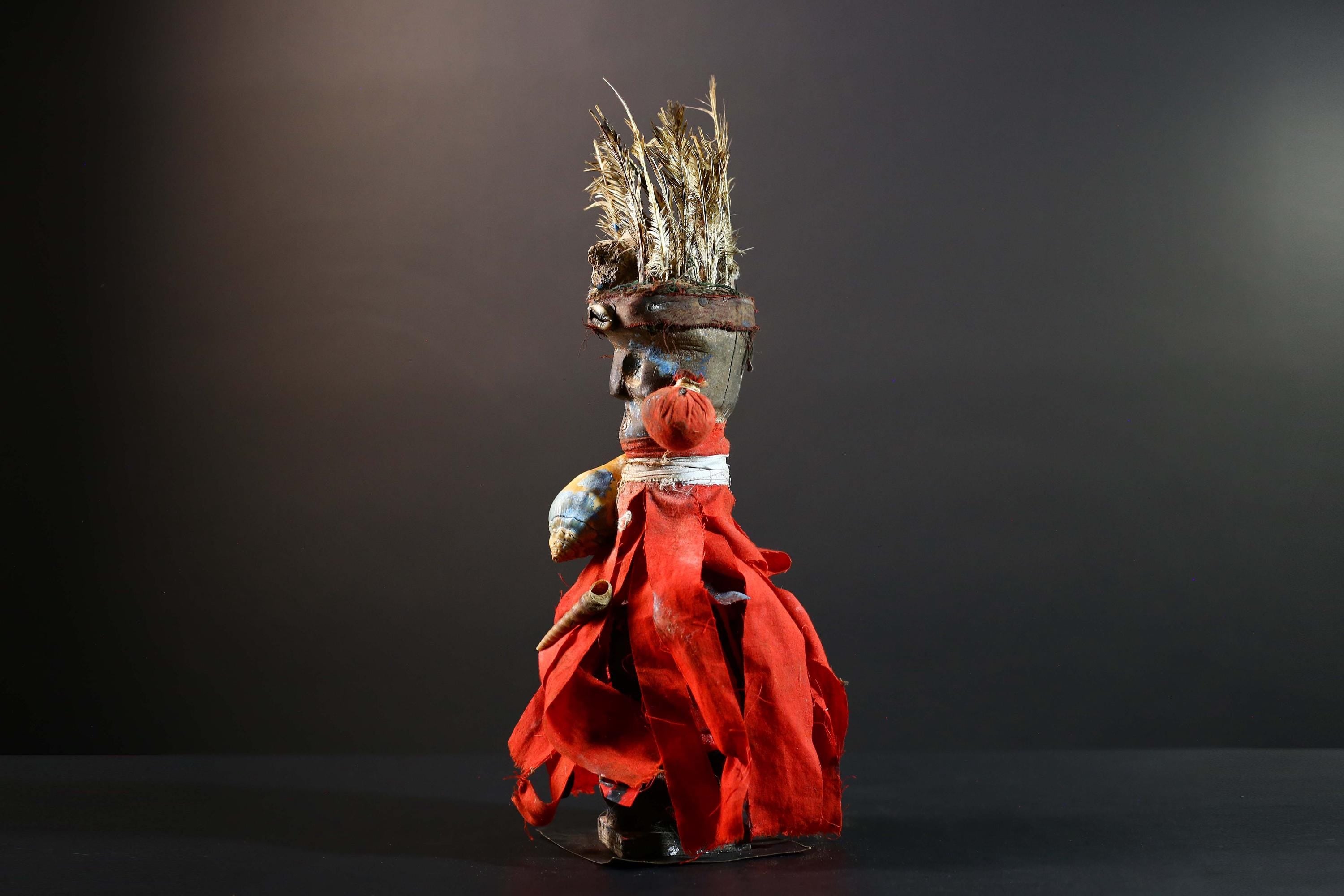 African Authentic Tribal Nkisi Fetish Doll Bakongo Power Figure Hand‑Carved Wood with Cowrie Shells & Raffia Sculpture Rare Antique -G5743