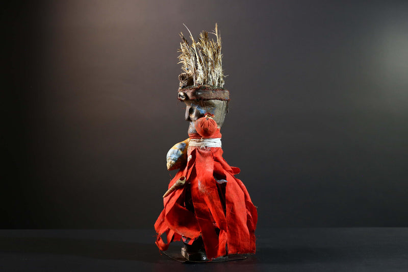 African Authentic Tribal Nkisi Fetish Doll Bakongo Power Figure Hand‑Carved Wood with Cowrie Shells & Raffia Sculpture Rare Antique -G5743