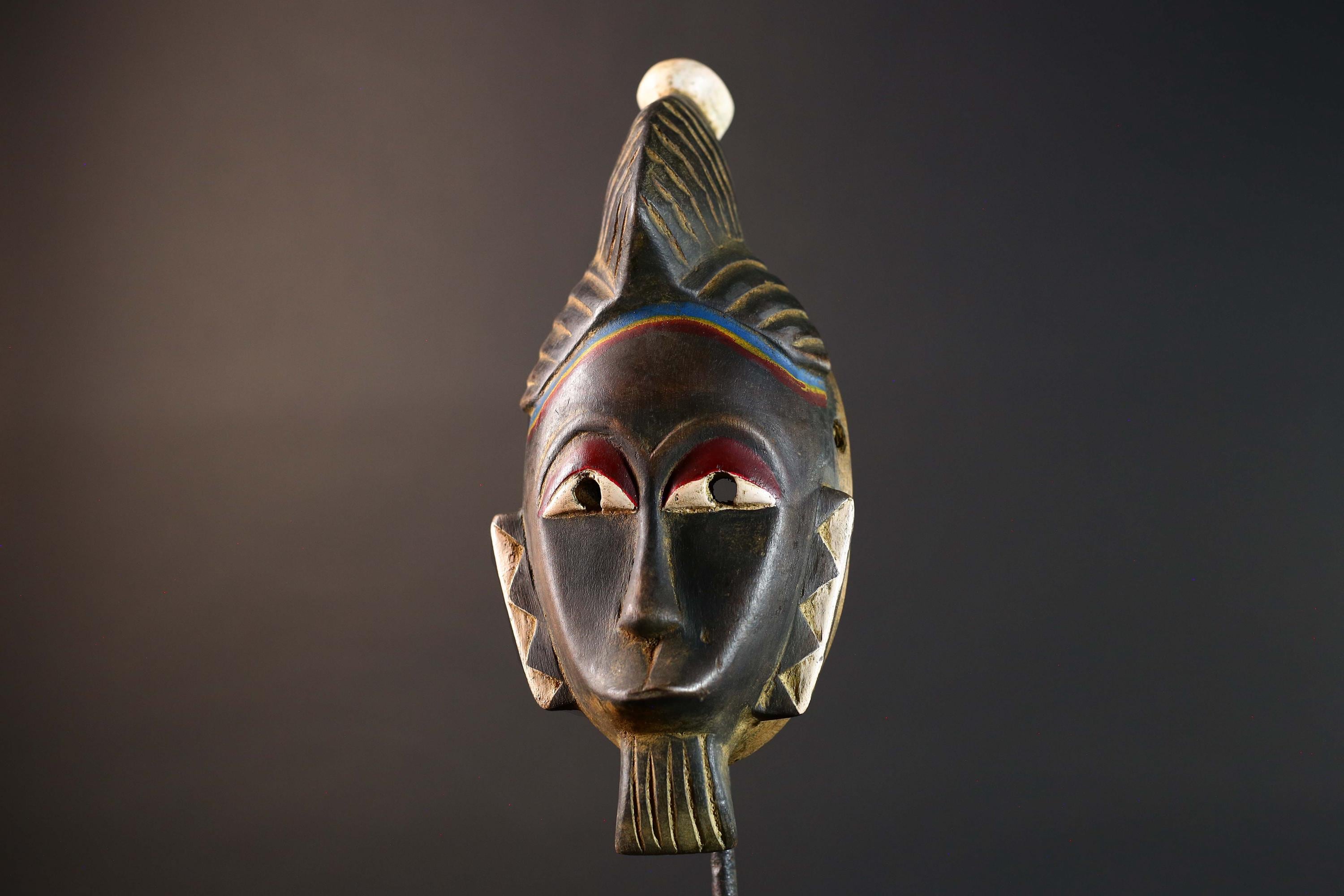 African Guro wooden mask tribal face wall art vintage sculpture home decor gift hand carved cultural display accent ornament rare-G5747