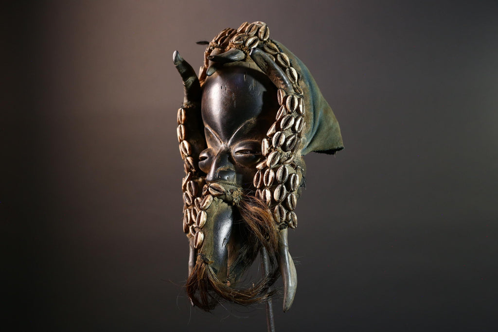 Authentic Dan Tribal Mask Hand-Carved Wood & Cowrie Shells – African Ethnic Wall Décor, Handmade Côte d’Ivoire Ritual Art, Fiber Beard-G5650