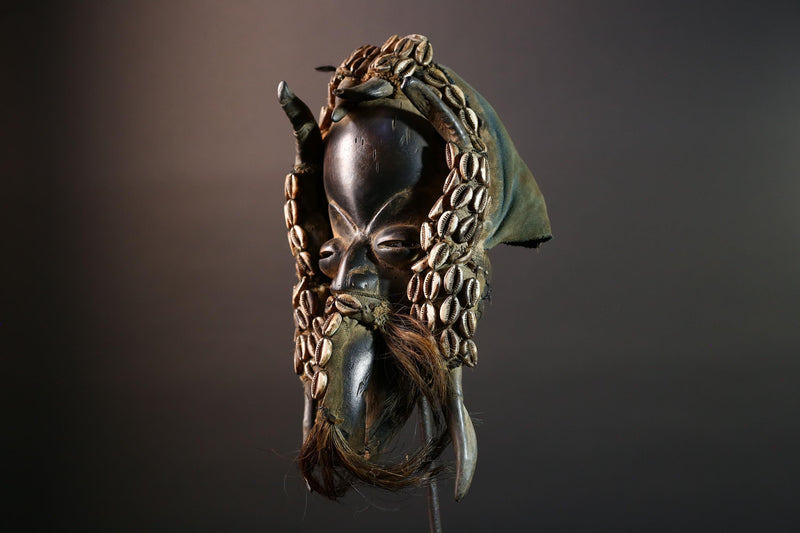 Authentic Dan Tribal Mask Hand-Carved Wood & Cowrie Shells – African Ethnic Wall Décor, Handmade Côte d’Ivoire Ritual Art, Fiber Beard-G5650