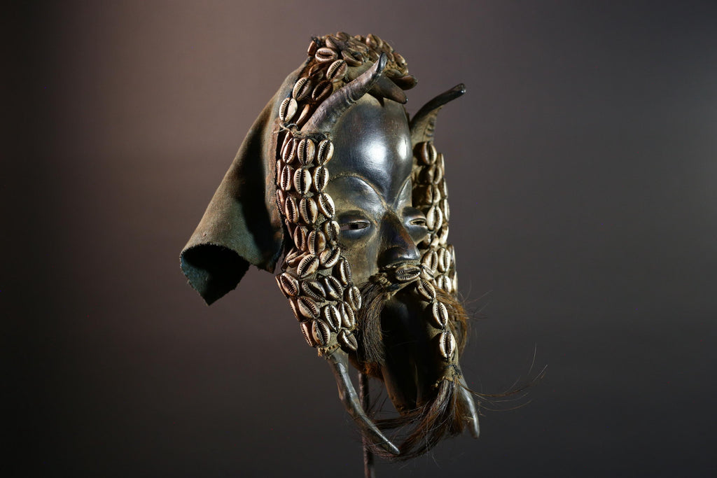 Authentic Dan Tribal Mask Hand-Carved Wood & Cowrie Shells – African Ethnic Wall Décor, Handmade Côte d’Ivoire Ritual Art, Fiber Beard-G5650