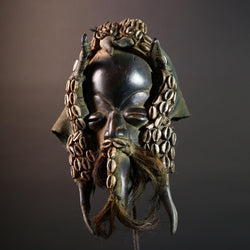 Authentic Dan Tribal Mask Hand-Carved Wood & Cowrie Shells – African Ethnic Wall Décor, Handmade Côte d’Ivoire Ritual Art, Fiber Beard-G5650