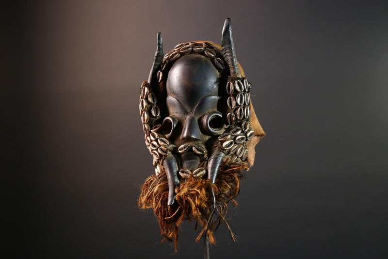 Vintage African Dan Mask with Cowrie Shells & Raffia Beard – Hand-Carved Hardwood Ritual Art from Côte d’Ivoire -G5652
