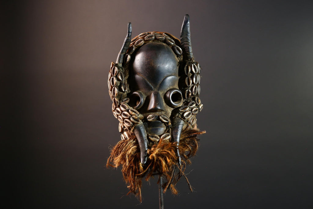 Vintage African Dan Mask with Cowrie Shells & Raffia Beard – Hand-Carved Hardwood Ritual Art from Côte d’Ivoire -G5652