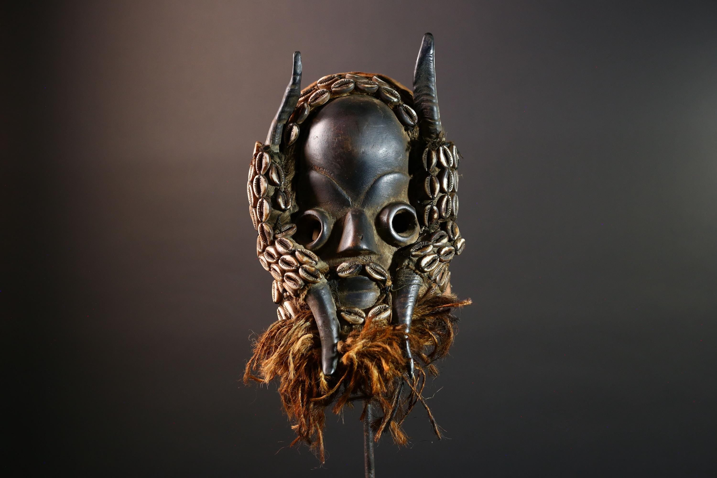 Vintage African Dan Mask with Cowrie Shells & Raffia Beard – Hand-Carved Hardwood Ritual Art from Côte d’Ivoire -G5652