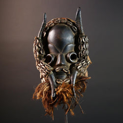 Vintage African Dan Mask with Cowrie Shells & Raffia Beard – Hand-Carved Hardwood Ritual Art from Côte d’Ivoire -G5652