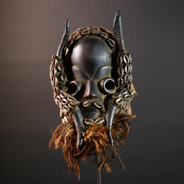 Vintage African Dan Mask with Cowrie Shells & Raffia Beard – Hand-Carved Hardwood Ritual Art from Côte d’Ivoire -G5652