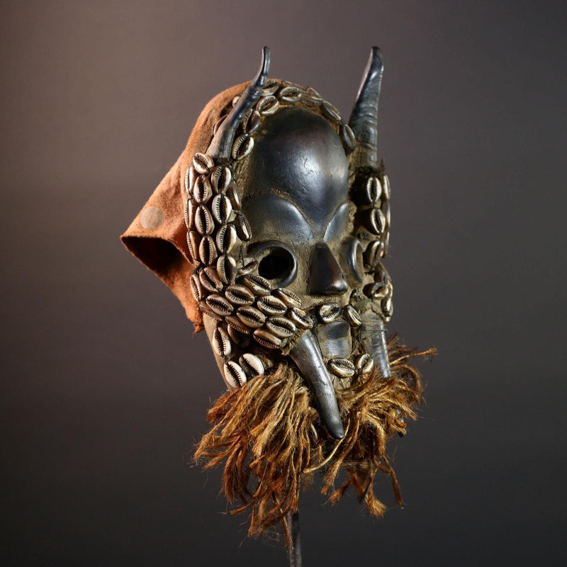 Vintage African Dan Mask with Cowrie Shells & Raffia Beard – Hand-Carved Hardwood Ritual Art from Côte d’Ivoire -G5652