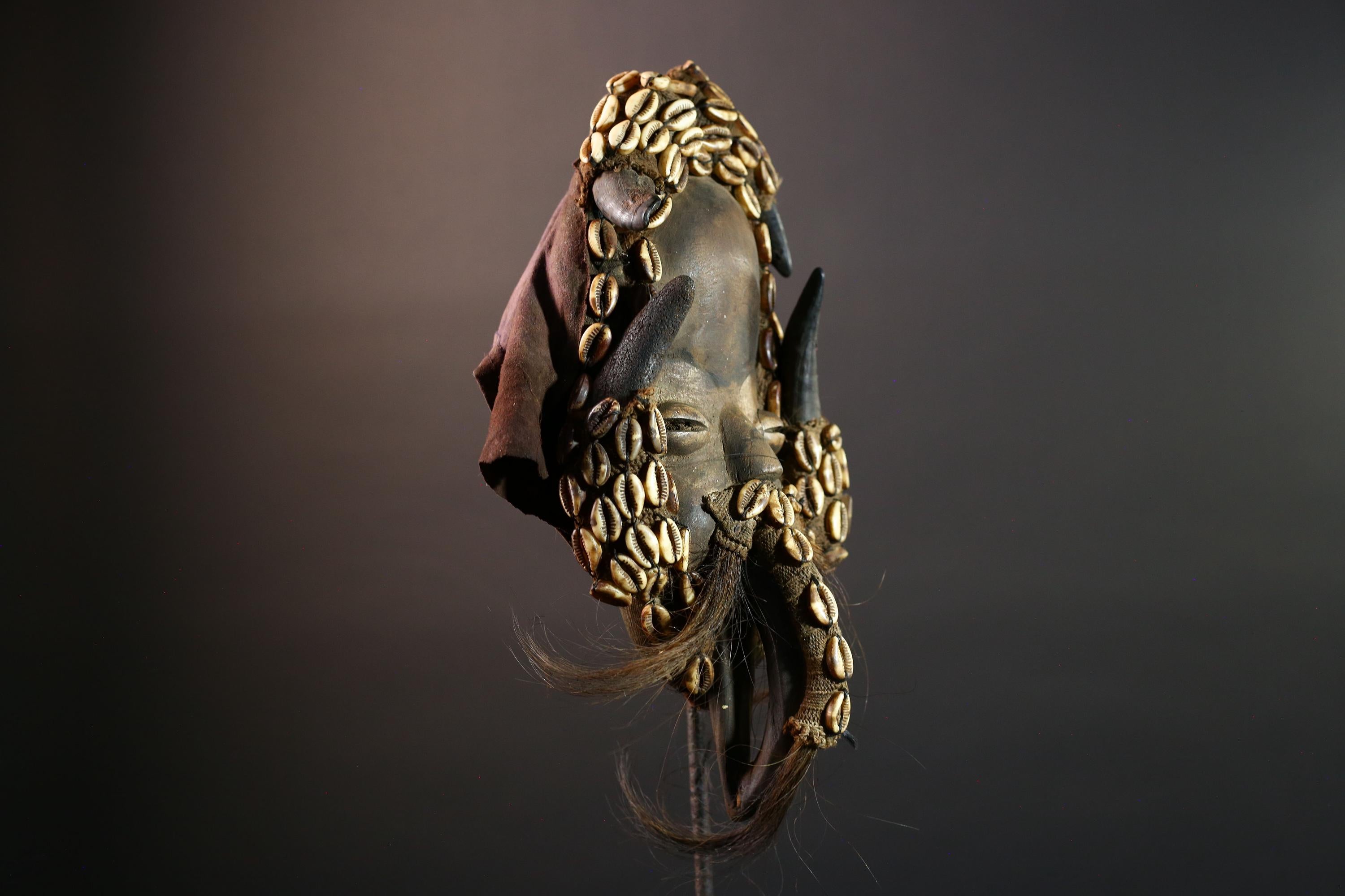Authentic African Dan Mask Hand-Carved Wood with Cowrie Shells and Raffia Beard Cote d’Ivoire Tribal Ritual Art Decor Heritage Piece-G5654