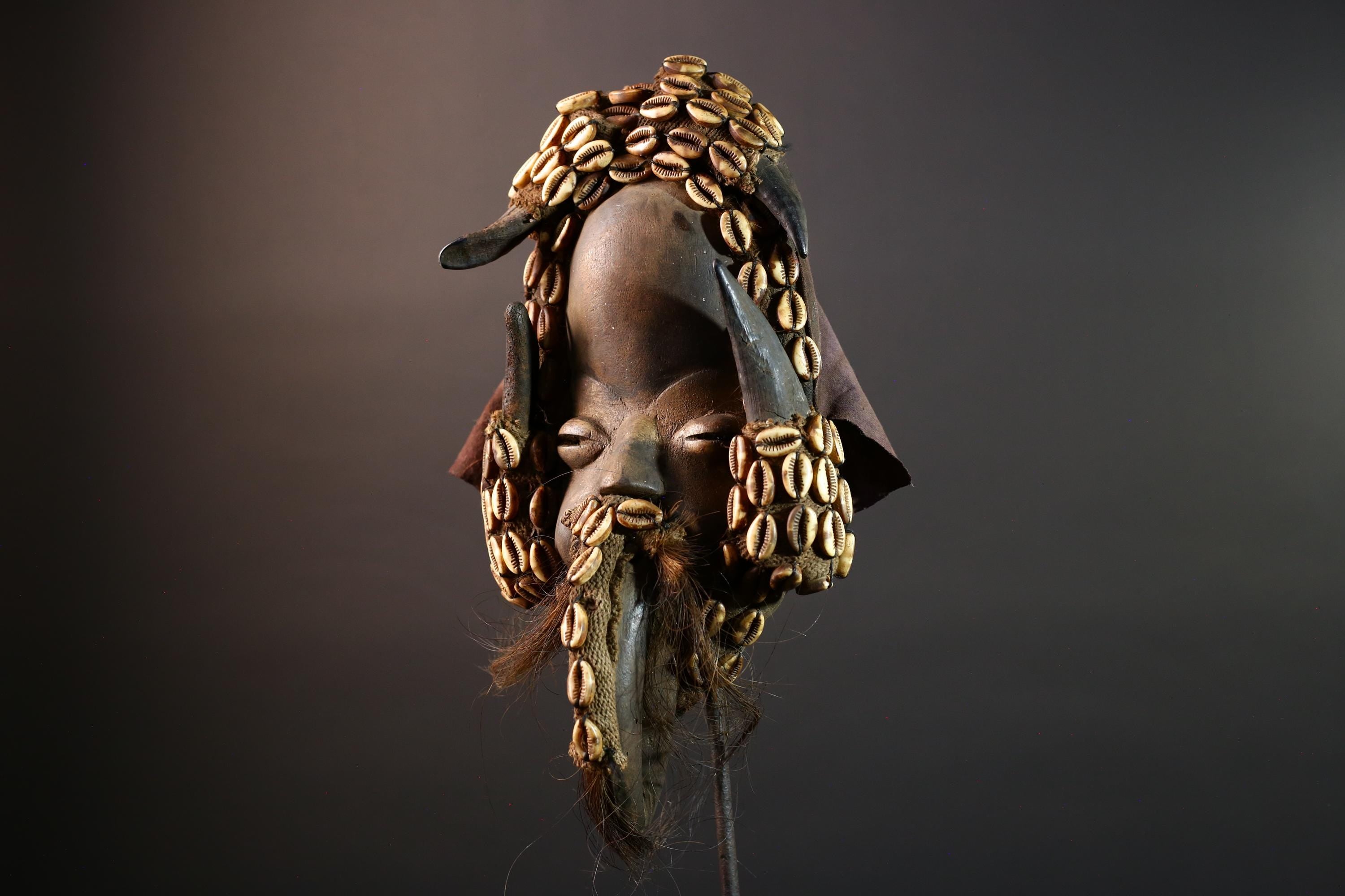 Authentic African Dan Mask Hand-Carved Wood with Cowrie Shells and Raffia Beard Cote d’Ivoire Tribal Ritual Art Decor Heritage Piece-G5654