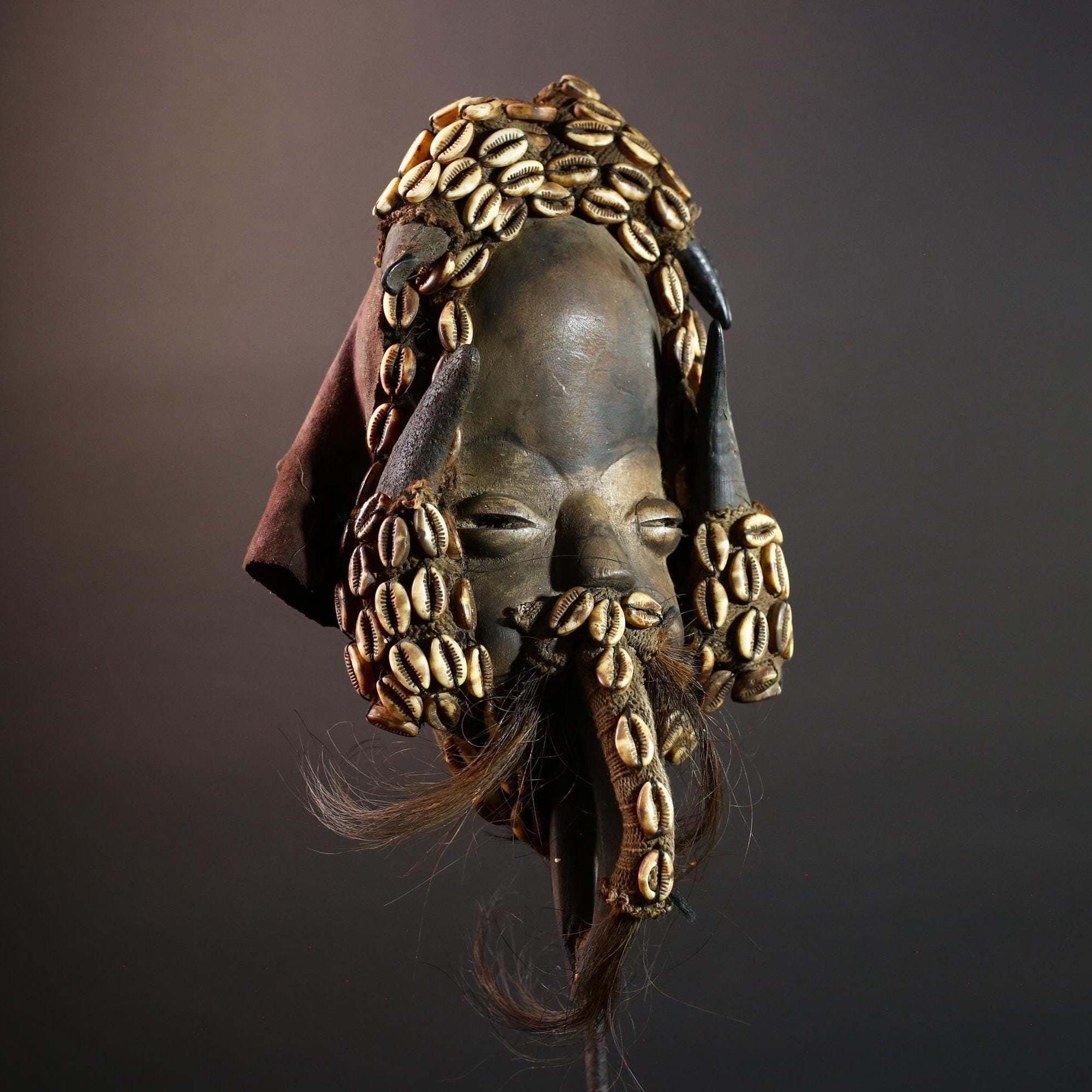 Authentic African Dan Mask Hand-Carved Wood with Cowrie Shells and Raffia Beard Cote d’Ivoire Tribal Ritual Art Decor Heritage Piece-G5654