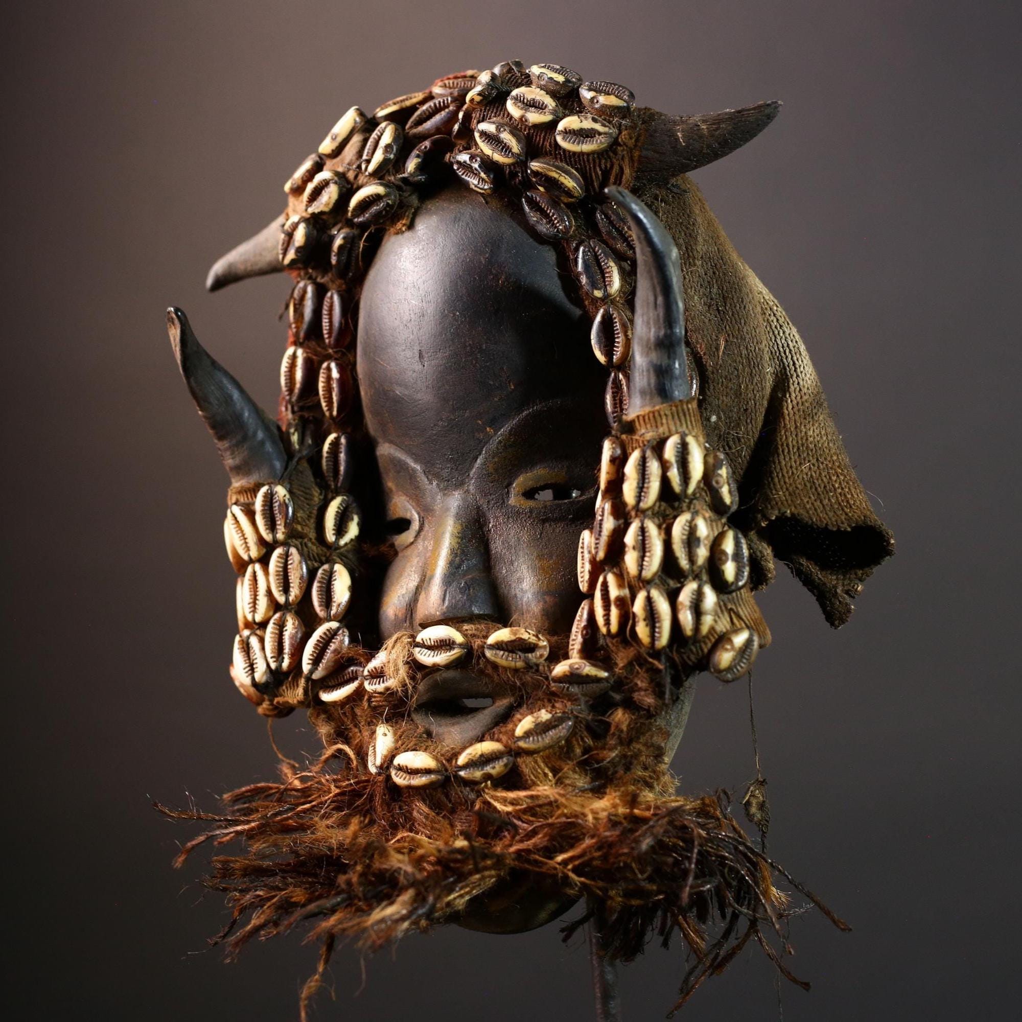 Dan Mask Carved Wood Sculpture with Horns and Cowrie Shells Tribal Face Ritual Decor West Africa Vintage Collectible Ethnic Heritage-G5662