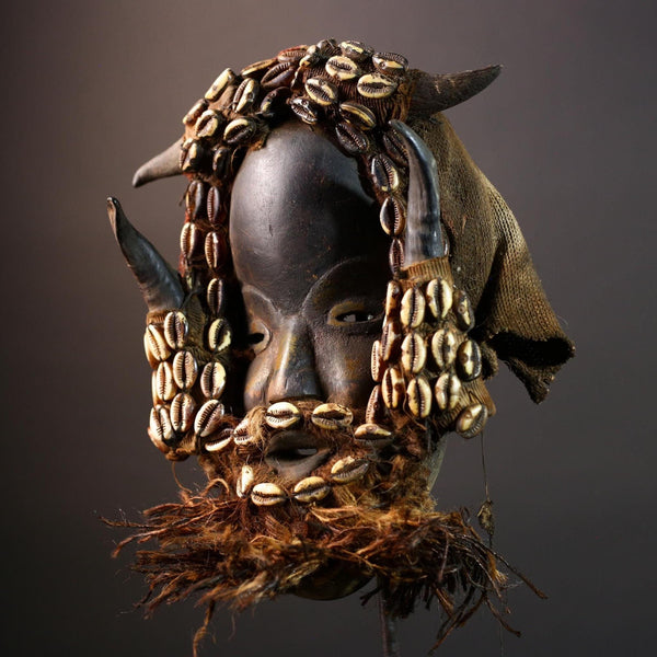 Dan Mask Carved Wood Sculpture with Horns and Cowrie Shells Tribal Face Ritual Decor West Africa Vintage Collectible Ethnic Heritage-G5662