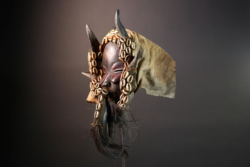 African Dan Horned Mask Carved Wood Cowrie Shell Horsehair Textile Ritual Face Art Decor West Africa Spiritual Ceremony Authentic-G5663