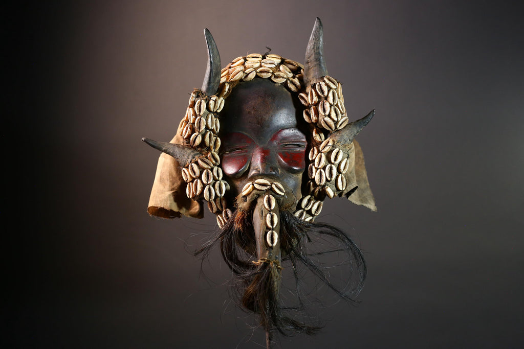 African Dan Horned Mask Carved Wood Cowrie Shell Horsehair Textile Ritual Face Art Decor West Africa Spiritual Ceremony Authentic-G5663