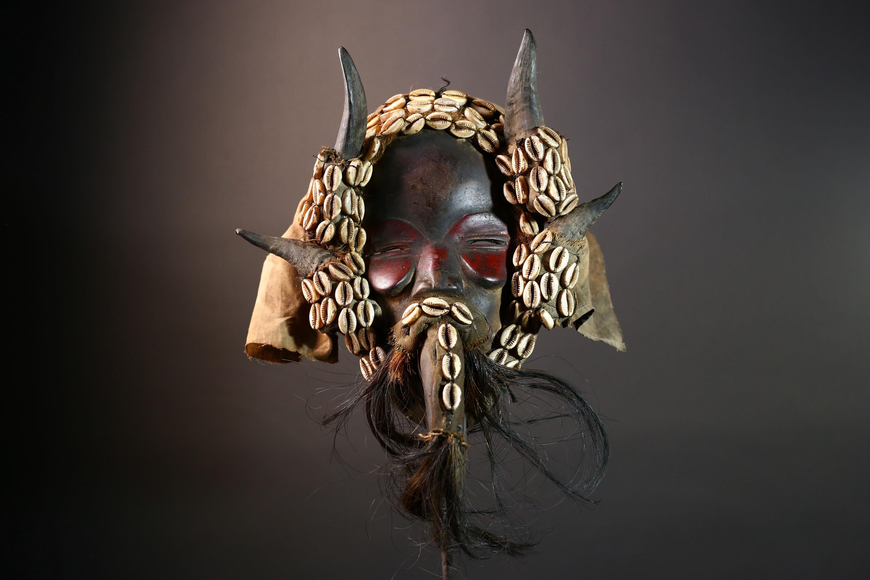 African Dan Horned Mask Carved Wood Cowrie Shell Horsehair Textile Ritual Face Art Decor West Africa Spiritual Ceremony Authentic-G5663