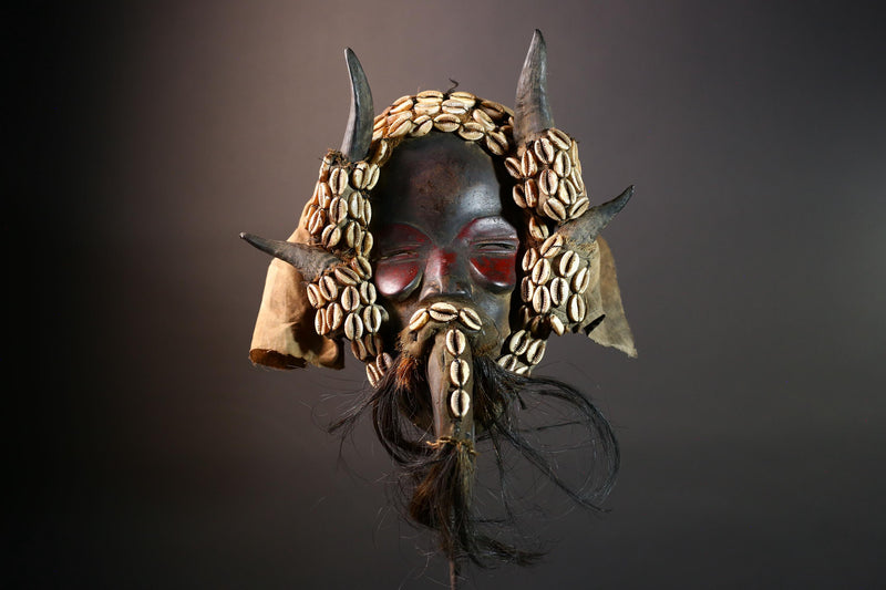 African Dan Horned Mask Carved Wood Cowrie Shell Horsehair Textile Ritual Face Art Decor West Africa Spiritual Ceremony Authentic-G5663