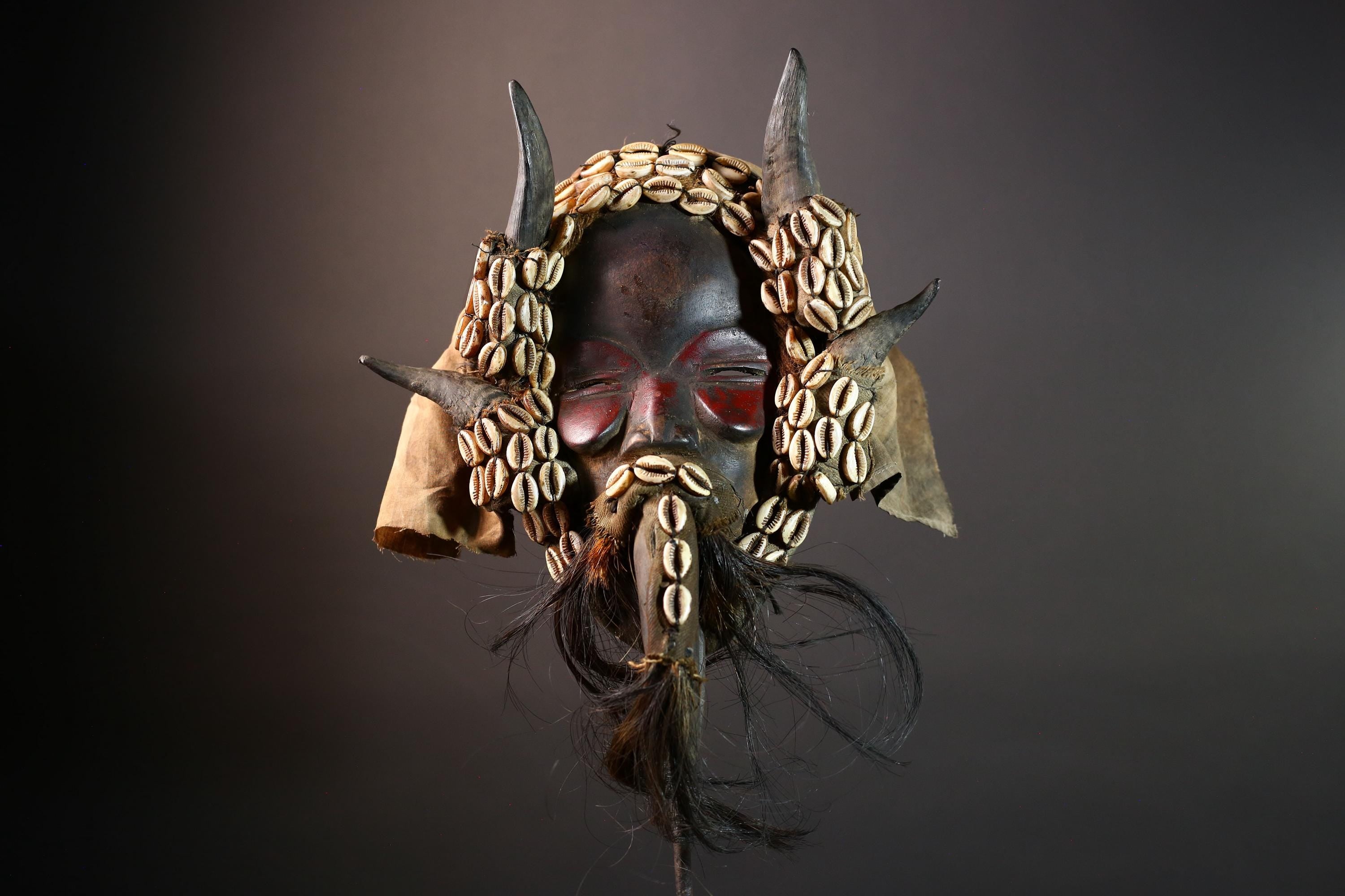 African Dan Horned Mask Carved Wood Cowrie Shell Horsehair Textile Ritual Face Art Decor West Africa Spiritual Ceremony Authentic-G5663