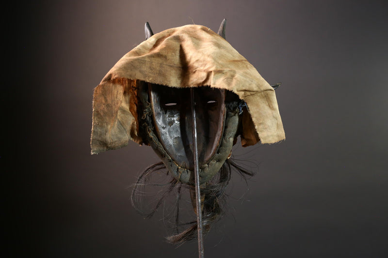 African Dan Horned Mask Carved Wood Cowrie Shell Horsehair Textile Ritual Face Art Decor West Africa Spiritual Ceremony Authentic-G5663