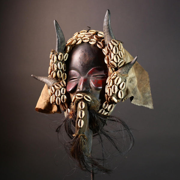 African Dan Horned Mask Carved Wood Cowrie Shell Horsehair Textile Ritual Face Art Decor West Africa Spiritual Ceremony Authentic-G5663