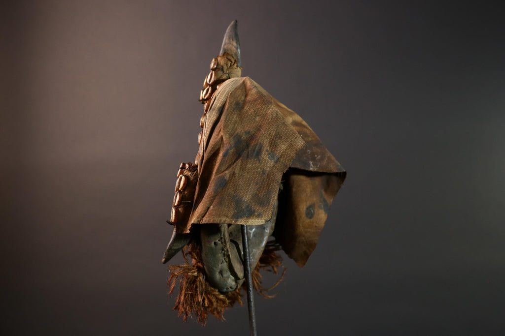 African Dan Horned Mask Carved Wood Cowrie Shell Horsehair Textile Ritual Art Decor West Africa Spiritual Ceremony Authentic Rare-G5665