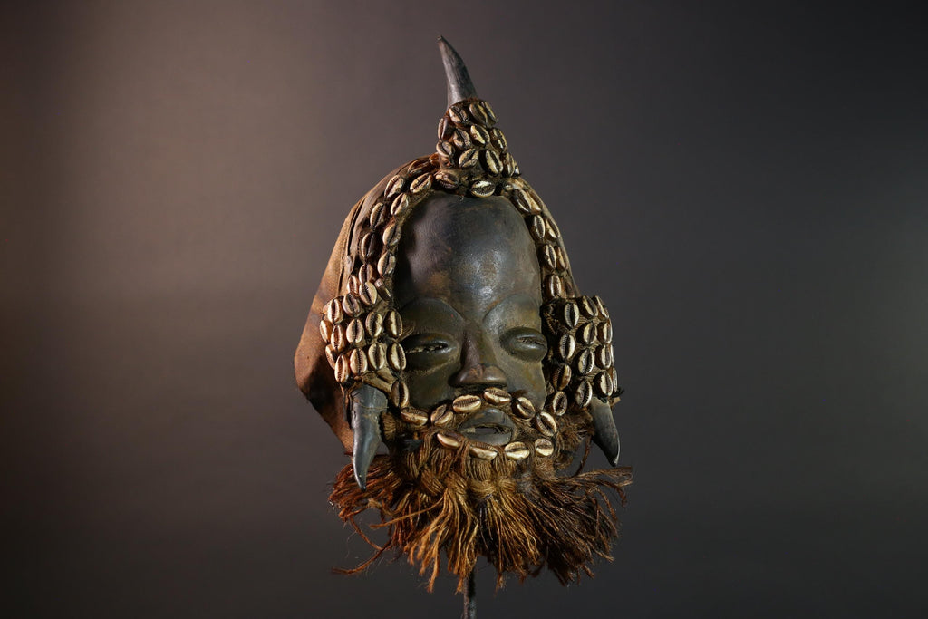 African Dan Horned Mask Carved Wood Cowrie Shell Horsehair Textile Ritual Art Decor West Africa Spiritual Ceremony Authentic Rare-G5665