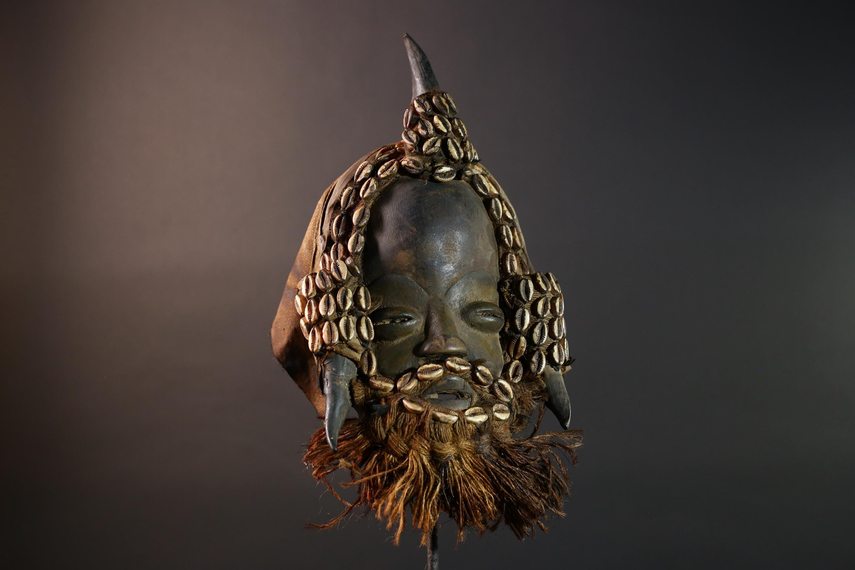 African Dan Horned Mask Carved Wood Cowrie Shell Horsehair Textile Ritual Art Decor West Africa Spiritual Ceremony Authentic Rare-G5665