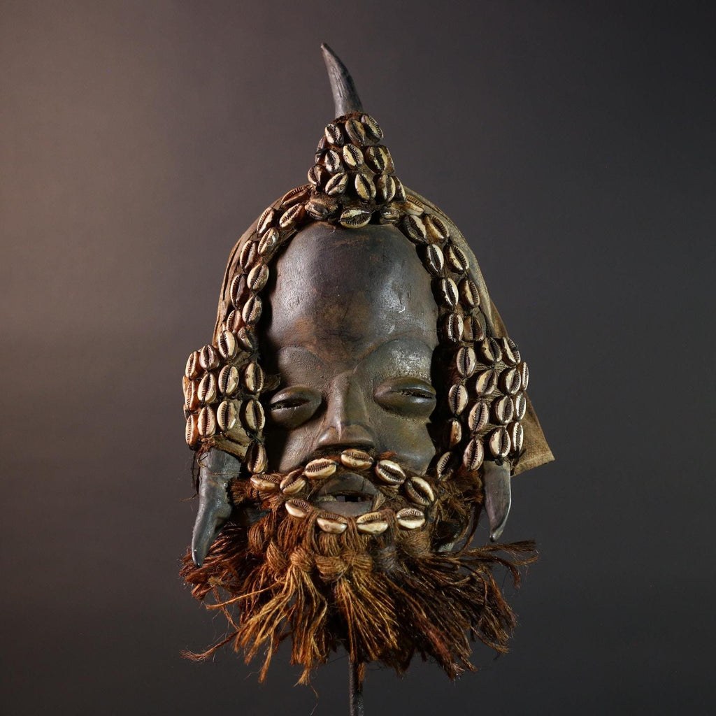 African Dan Horned Mask Carved Wood Cowrie Shell Horsehair Textile Ritual Art Decor West Africa Spiritual Ceremony Authentic Rare-G5665