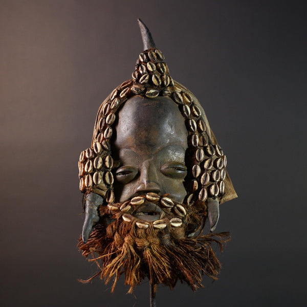 African Dan Horned Mask Carved Wood Cowrie Shell Horsehair Textile Ritual Art Decor West Africa Spiritual Ceremony Authentic Rare-G5665