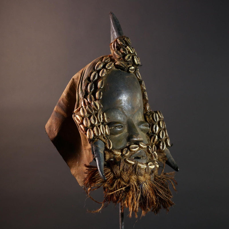 African Dan Horned Mask Carved Wood Cowrie Shell Horsehair Textile Ritual Art Decor West Africa Spiritual Ceremony Authentic Rare-G5665