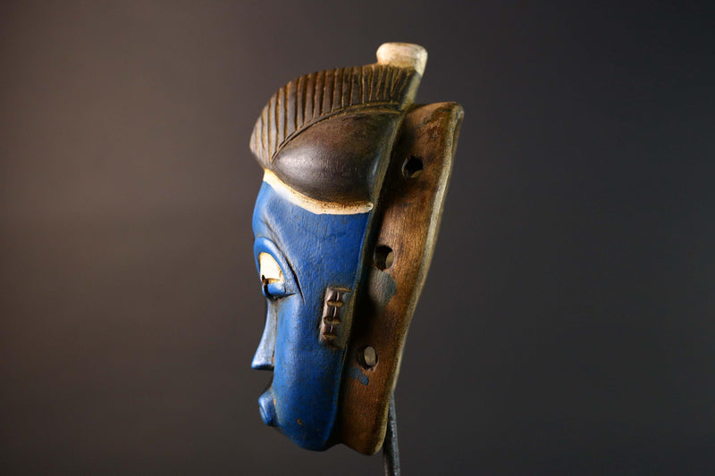 African Guro Mask Handcrafted Blue Face Tribal Wood Sculpture Ethnic Wall Hanging Art Rustic Home Decor Gallery Accent Statement-G5748