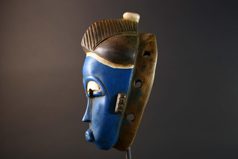 African Guro Mask Handcrafted Blue Face Tribal Wood Sculpture Ethnic Wall Hanging Art Rustic Home Decor Gallery Accent Statement-G5748