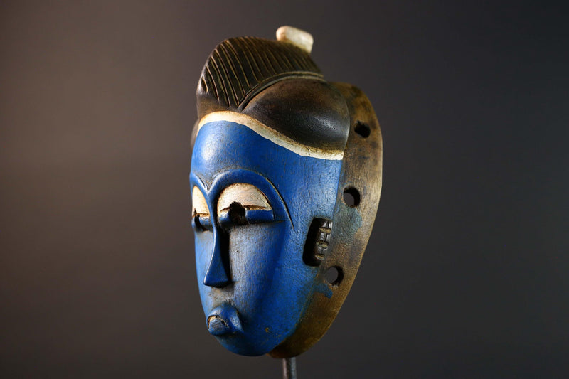 African Guro Mask Handcrafted Blue Face Tribal Wood Sculpture Ethnic Wall Hanging Art Rustic Home Decor Gallery Accent Statement-G5748