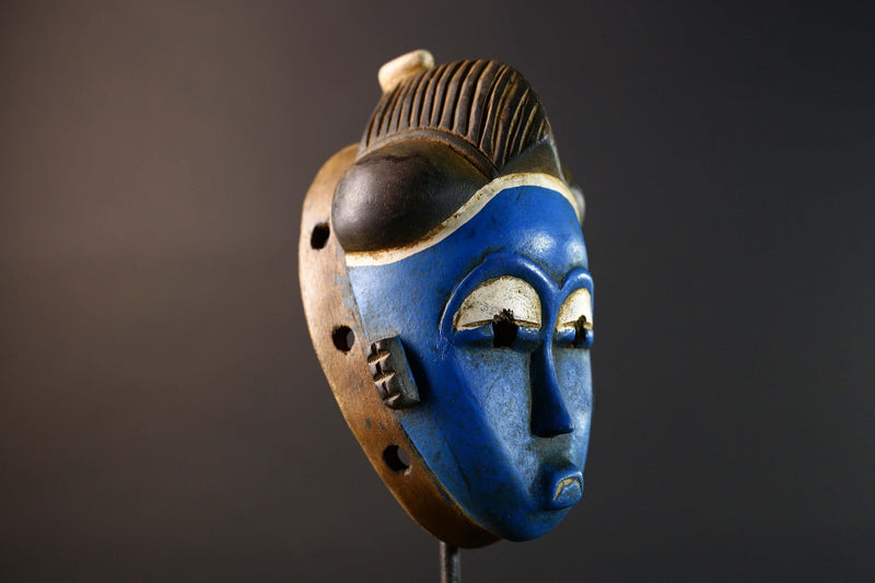 African Guro Mask Handcrafted Blue Face Tribal Wood Sculpture Ethnic Wall Hanging Art Rustic Home Decor Gallery Accent Statement-G5748