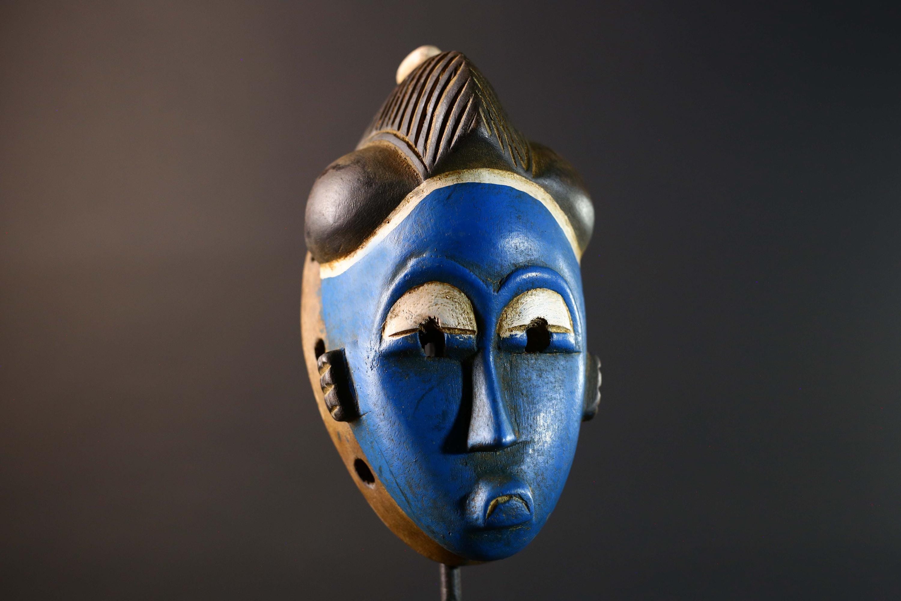 African Guro Mask Handcrafted Blue Face Tribal Wood Sculpture Ethnic Wall Hanging Art Rustic Home Decor Gallery Accent Statement-G5748