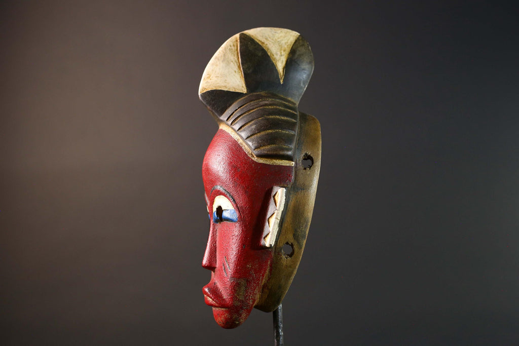 Unique Hand‐Carved African Guro Mask with Horned Crown, Authentic Ivorian Tribal Wood Art, Ethnic Wall Hanging Decor, Gallery Display -G5749