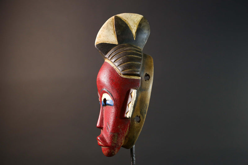 Unique Hand‐Carved African Guro Mask with Horned Crown, Authentic Ivorian Tribal Wood Art, Ethnic Wall Hanging Decor, Gallery Display -G5749