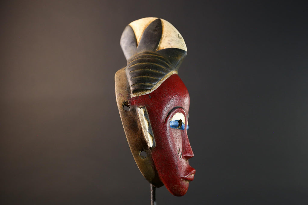 Unique Hand‐Carved African Guro Mask with Horned Crown, Authentic Ivorian Tribal Wood Art, Ethnic Wall Hanging Decor, Gallery Display -G5749