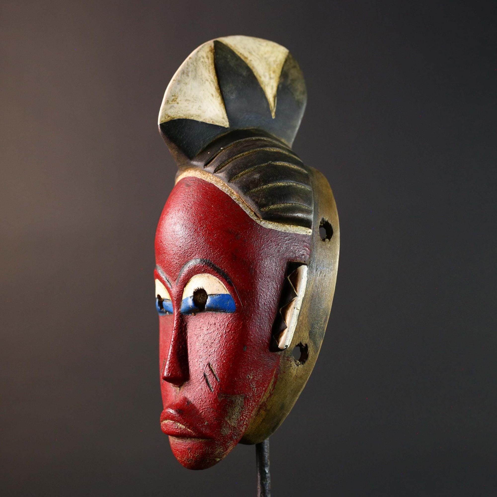 Unique Hand‐Carved African Guro Mask with Horned Crown, Authentic Ivorian Tribal Wood Art, Ethnic Wall Hanging Decor, Gallery Display -G5749